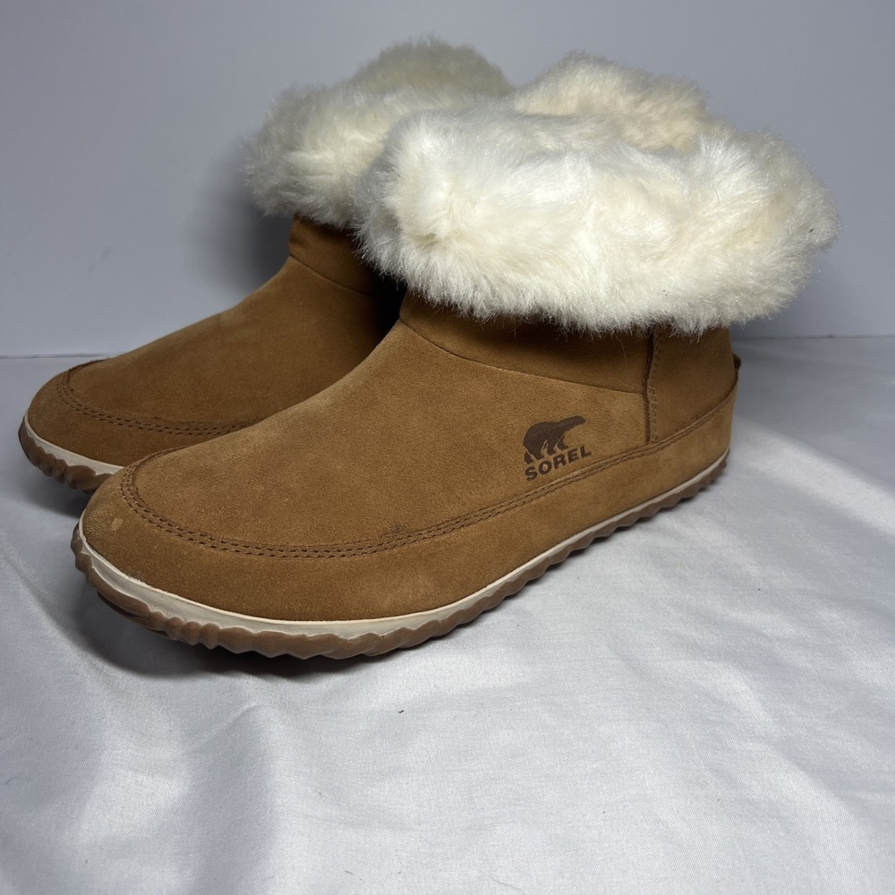 SOREL Out N About Fur Cozy Lined Leather Booties Womens 10 Cognac NL3073-286